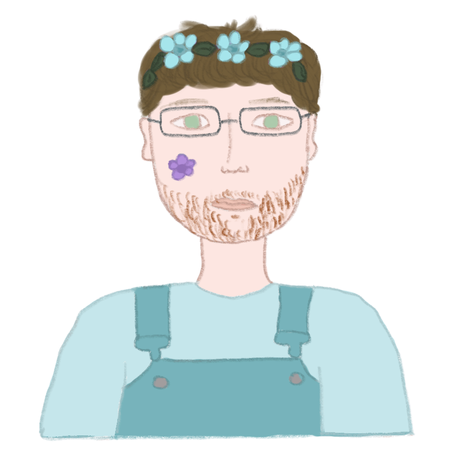 A hand drawn sketch of me in cyan overalls wearing a flower crown with a flower painted on my cheek.